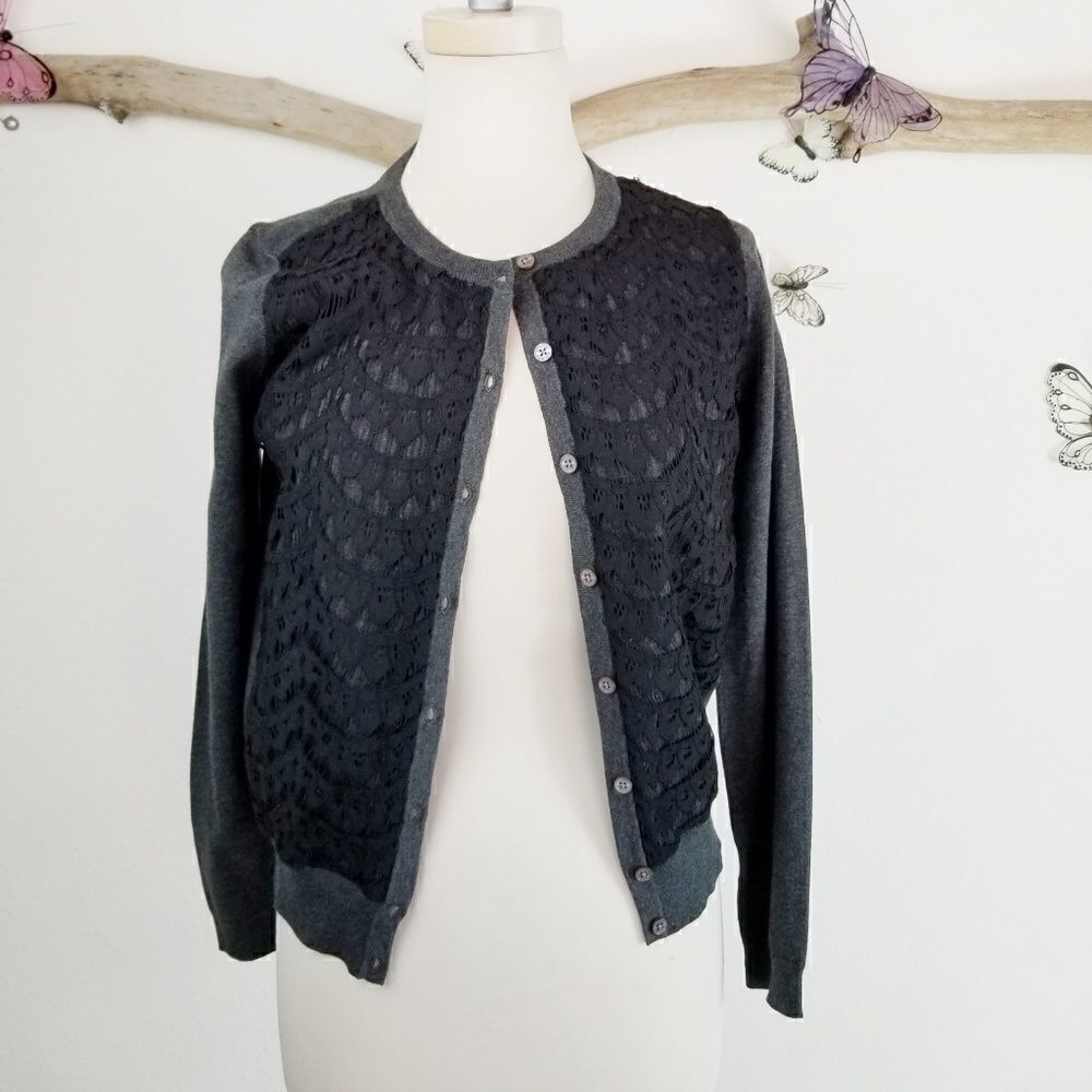 Vince camuto.button up gray cardigan black lace